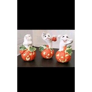 Brinn's Ghost Pumpkin Jack-o-lantern Ceramic Figurines Vtg Halloween Collectible